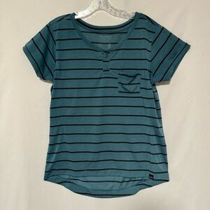 Patagonia Womens Medium Blue Black Stripe Capilene Cool Trail Bike Henley Shirt